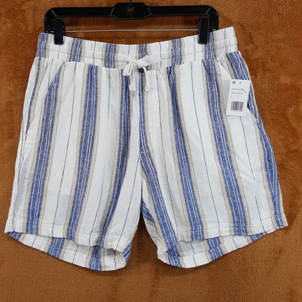 WEATHERPROOF VINTAGE Shorts Mens Large Blue Cream Stripe Drawstring Linen Blend